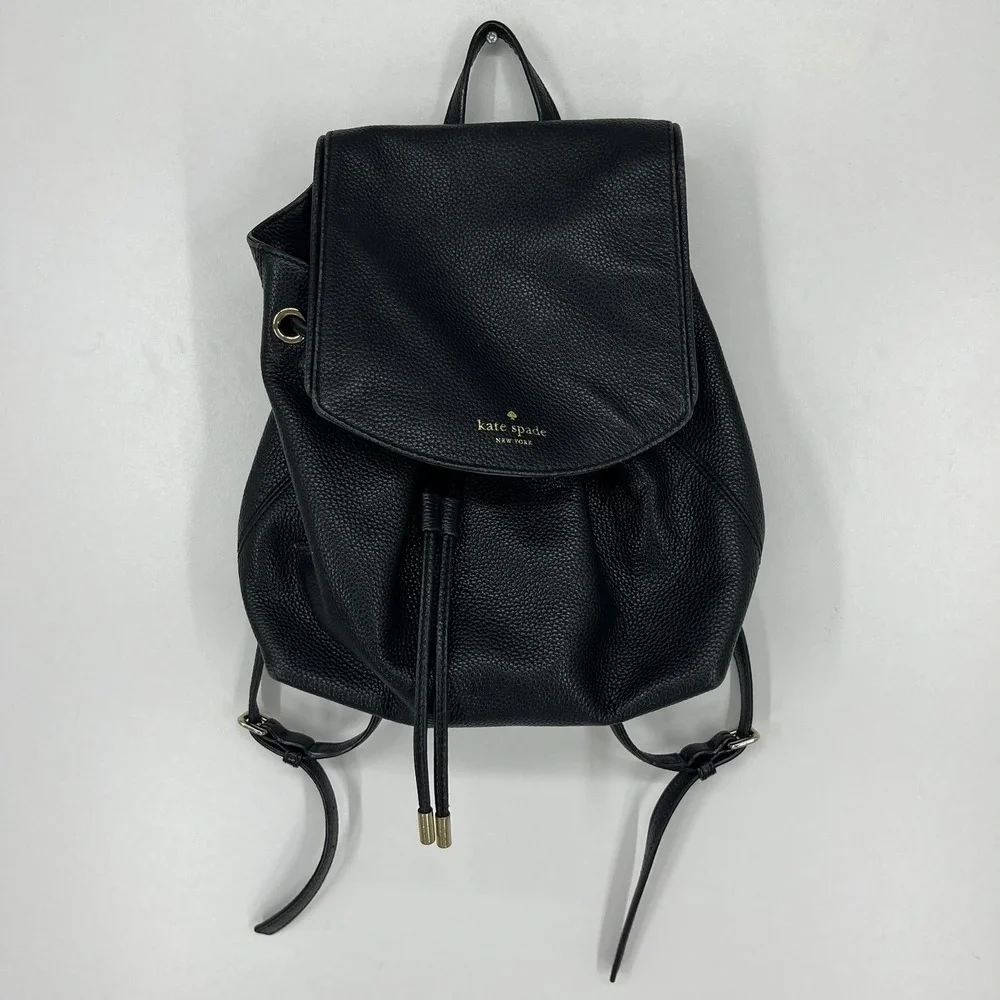 Kate Spade New York Black Pebbled Leather Drawstring Flap Backpack Small